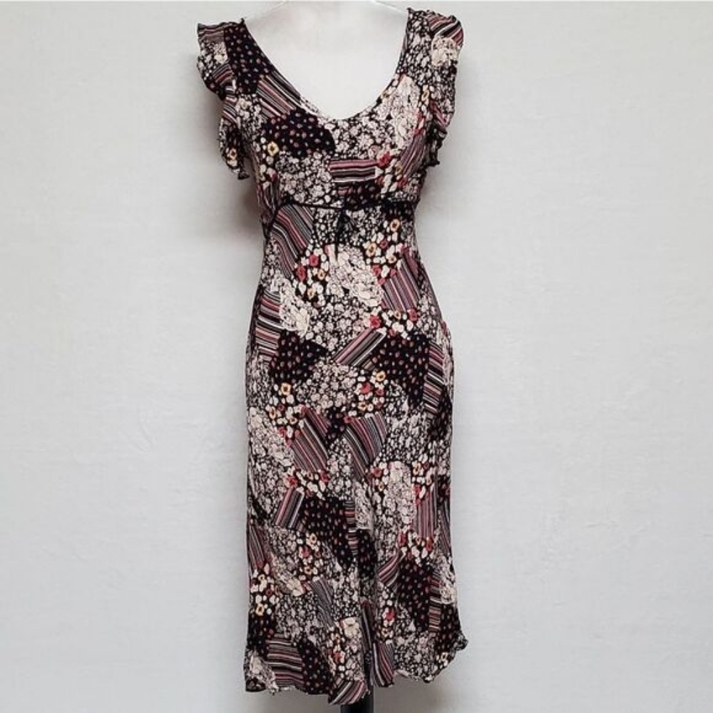 90s Vintage Her Style Floral Striped Faux Patchwork Butterfly Sleeve Midi Dress - Picture 4 of 16